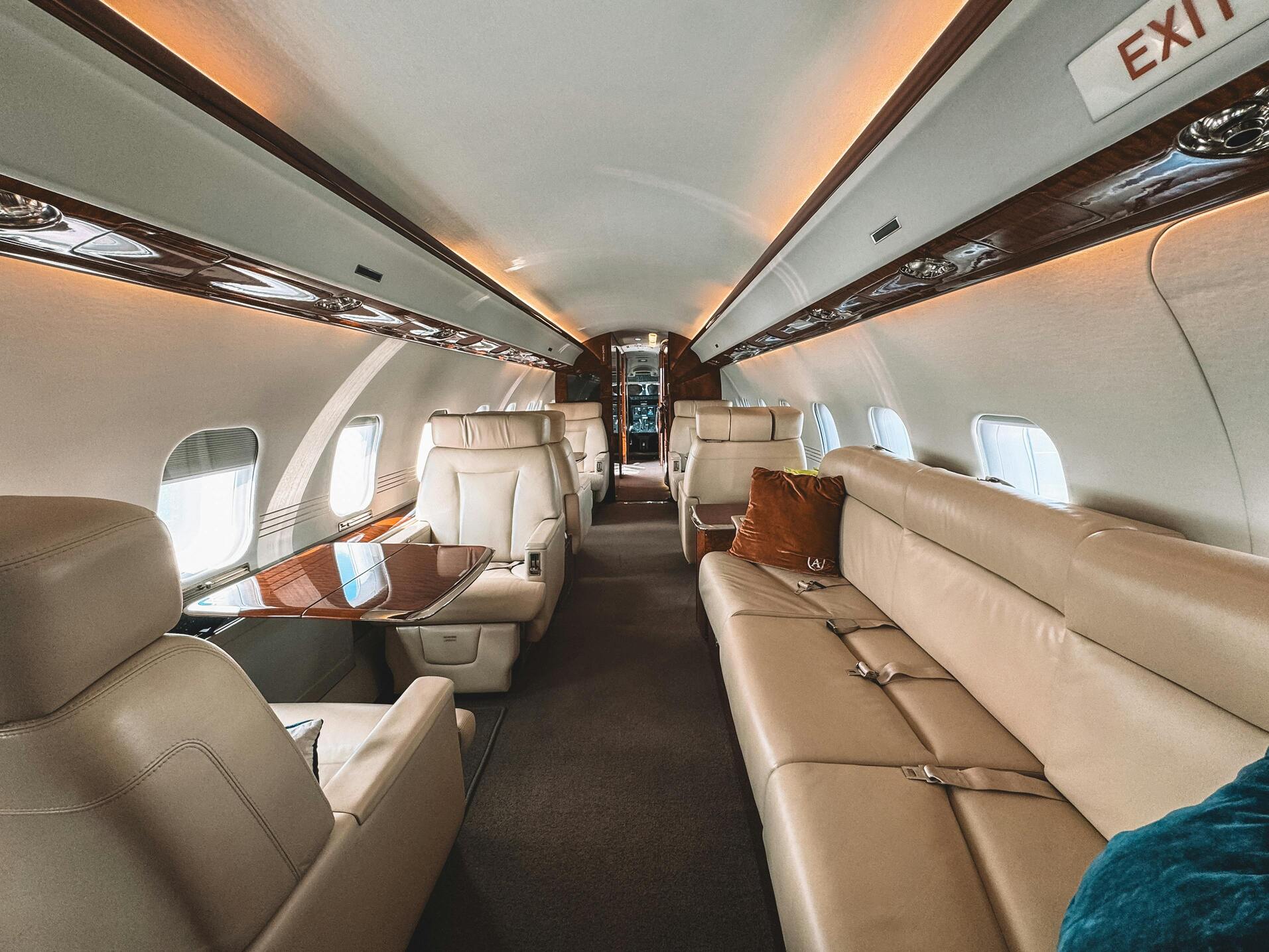 Private charter aircraft cabin configured for a small party
