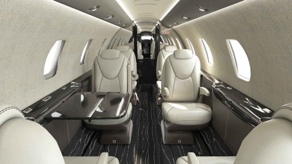 Cabin interior of a midsize jet used for private charter flights in Asia