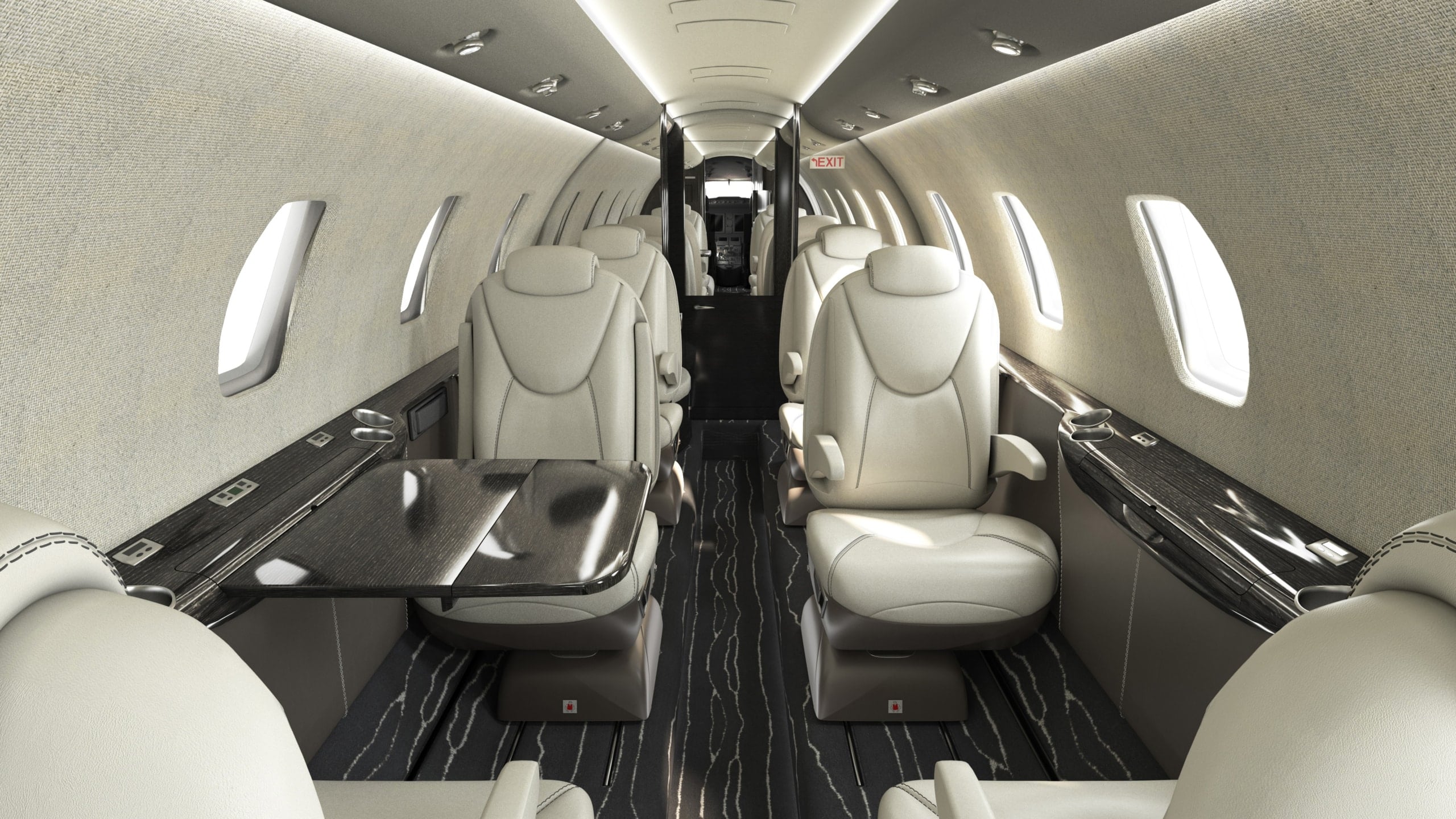 Cabin interior of a midsize jet used for private charter flights in Asia