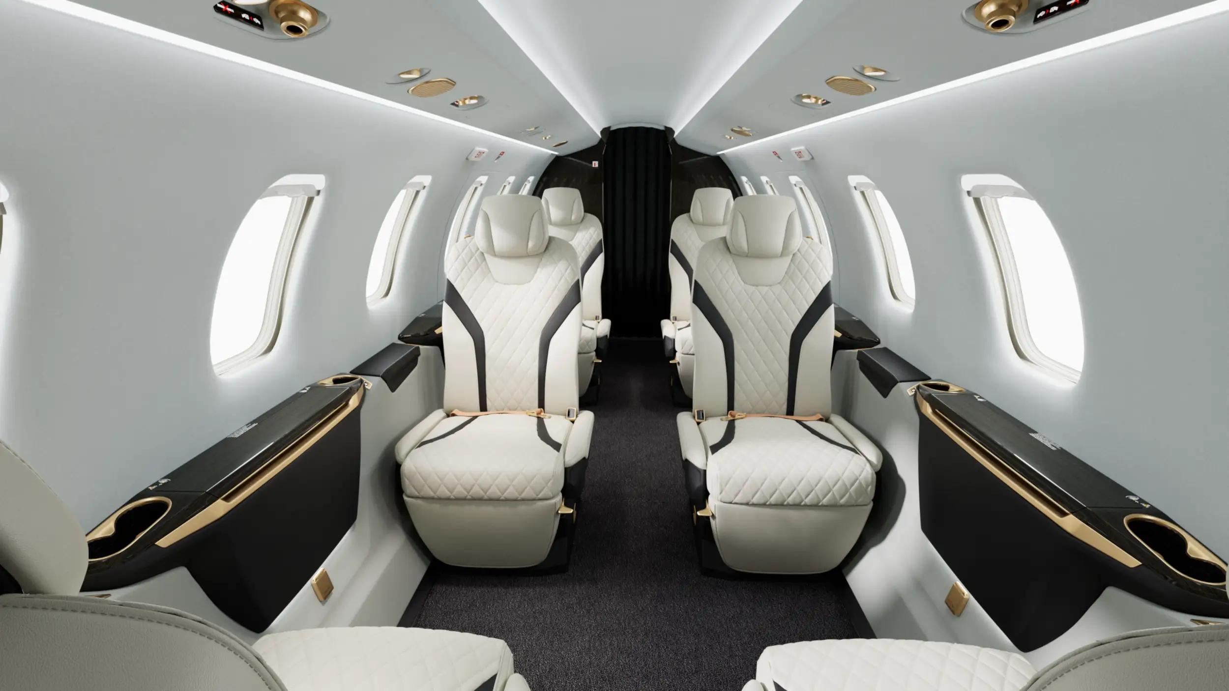 Light jet cabin interior on a charter aircraft in Asia