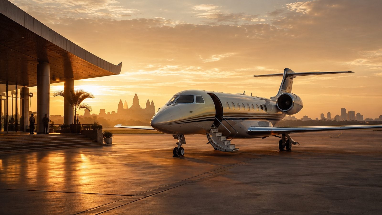 Private jet at a Phnom Penh private terminal at golden hour — Cambodia private jet charter
