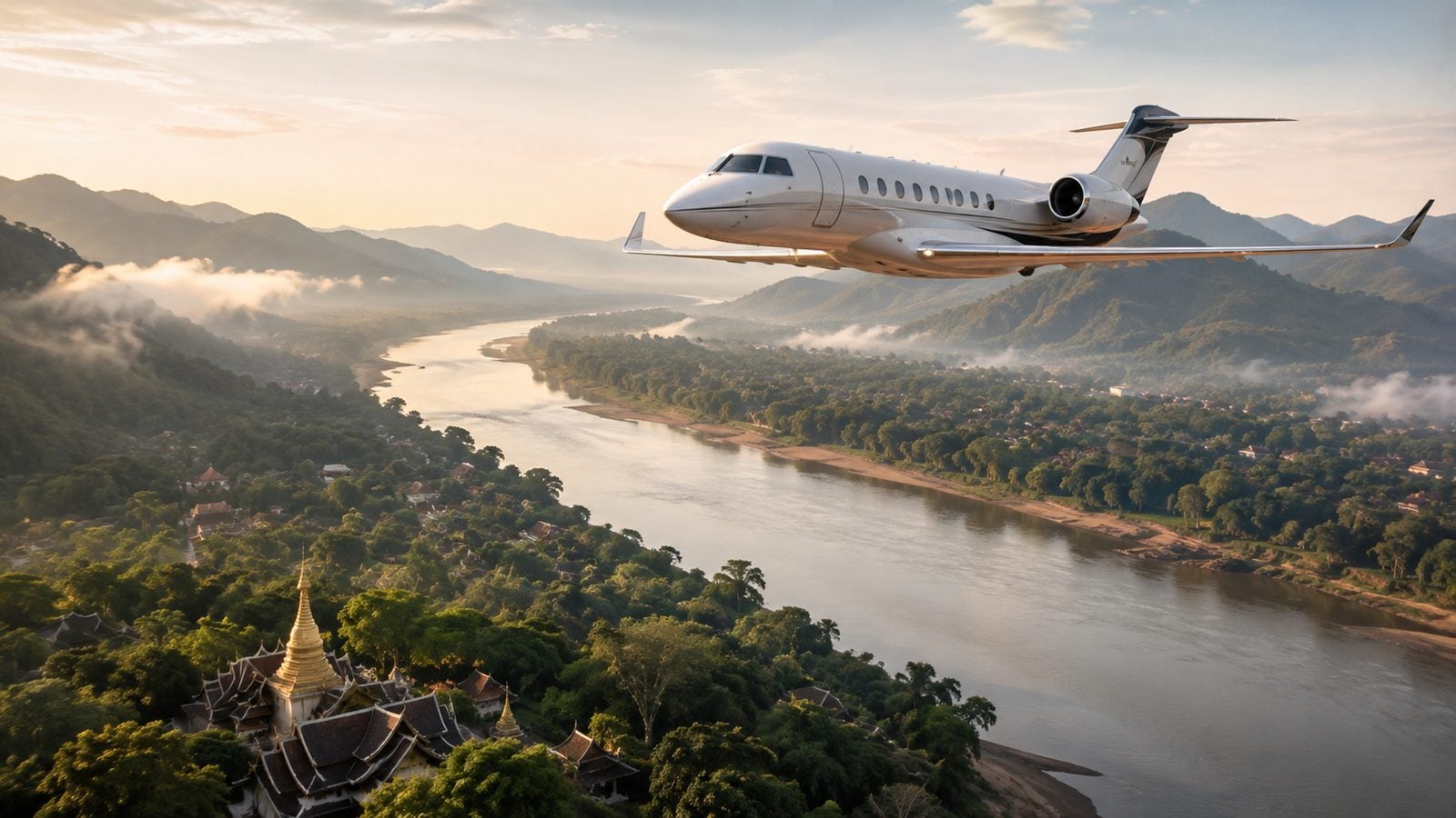 Private jet flying over the Mekong River and a golden temple stupa in Laos