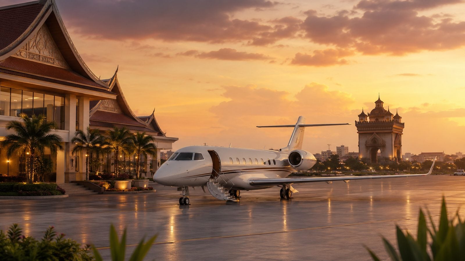 Private jet at the Vientiane private terminal at sunset with the Patuxai monument — Laos private jet charter