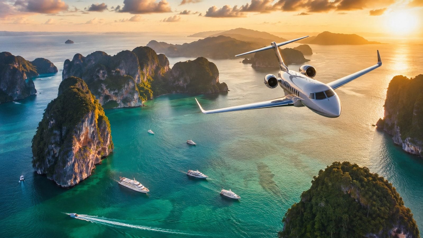 Private jet flying over the Andaman islands and yachts off Phuket