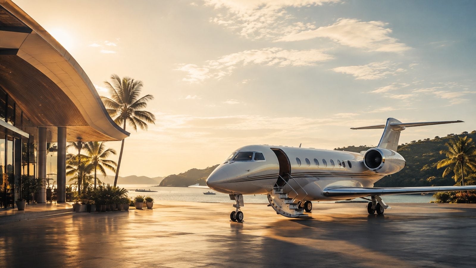 Private jet on the apron beside the bay at sunset — Phuket private jet charter airports