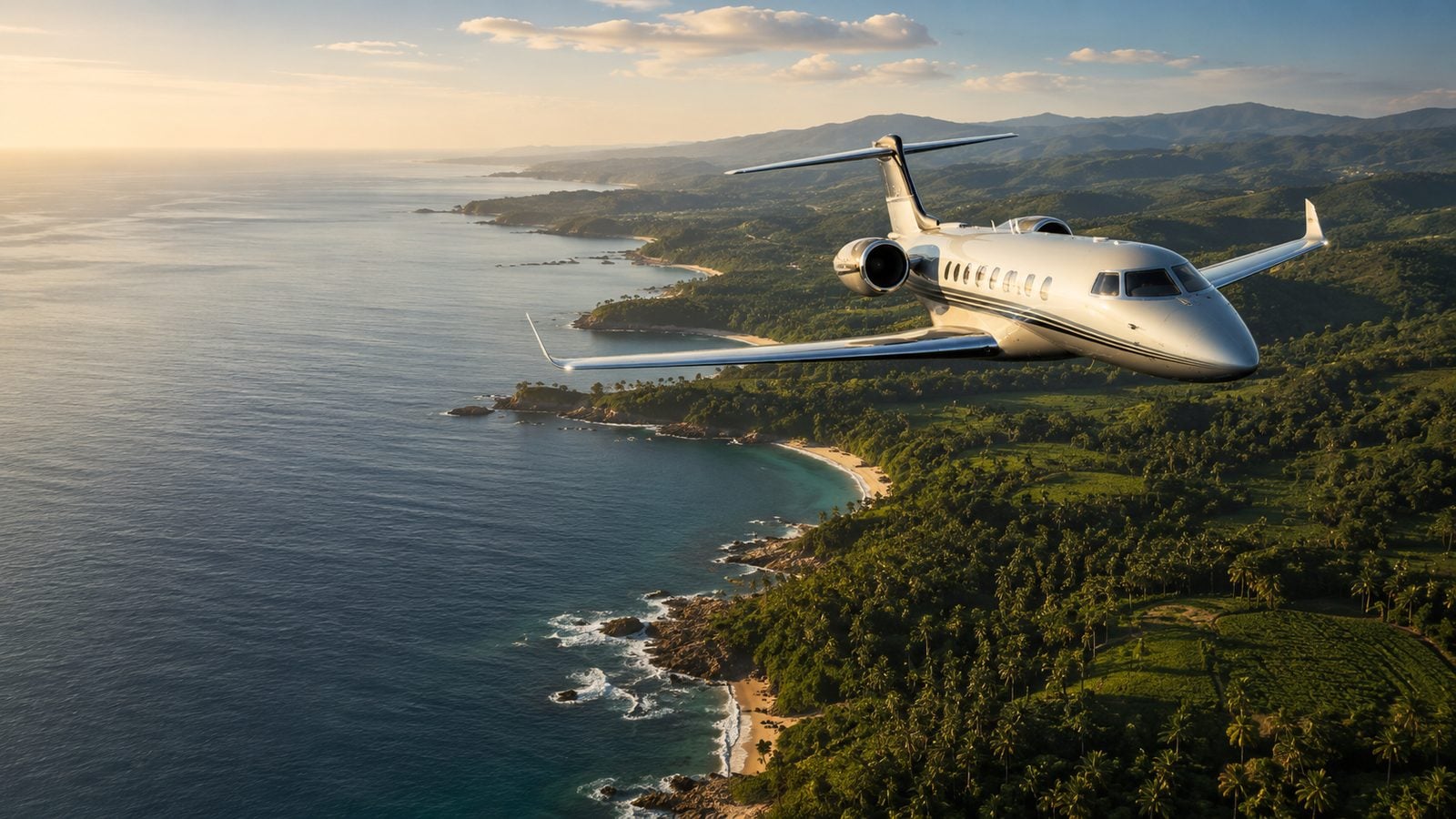 Private jet flying along the palm-fringed southern coastline of Sri Lanka