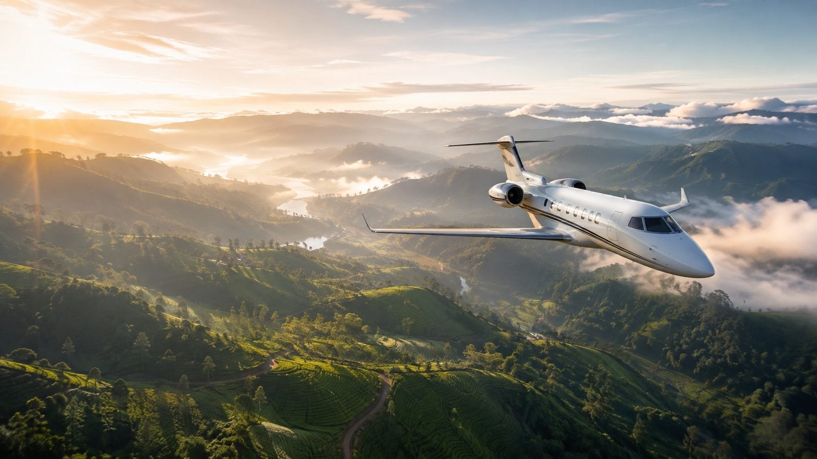Private jet flying over the Sri Lanka hill country tea plantations