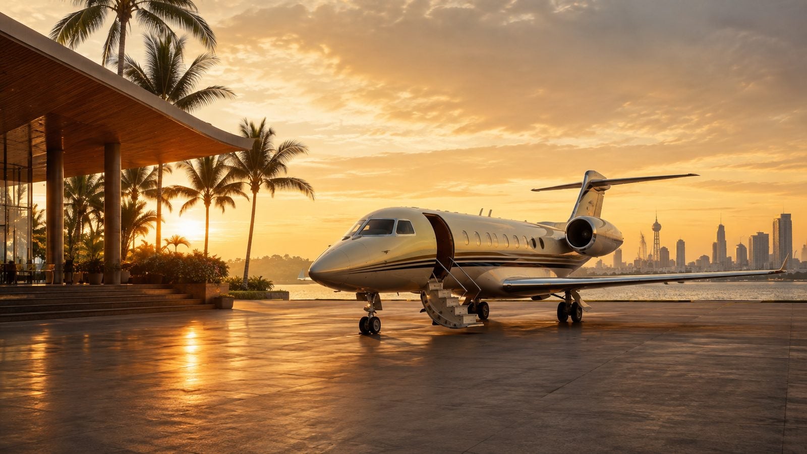 Private jet at the Kaohsiung (KHH) private terminal in southern Taiwan at sunset