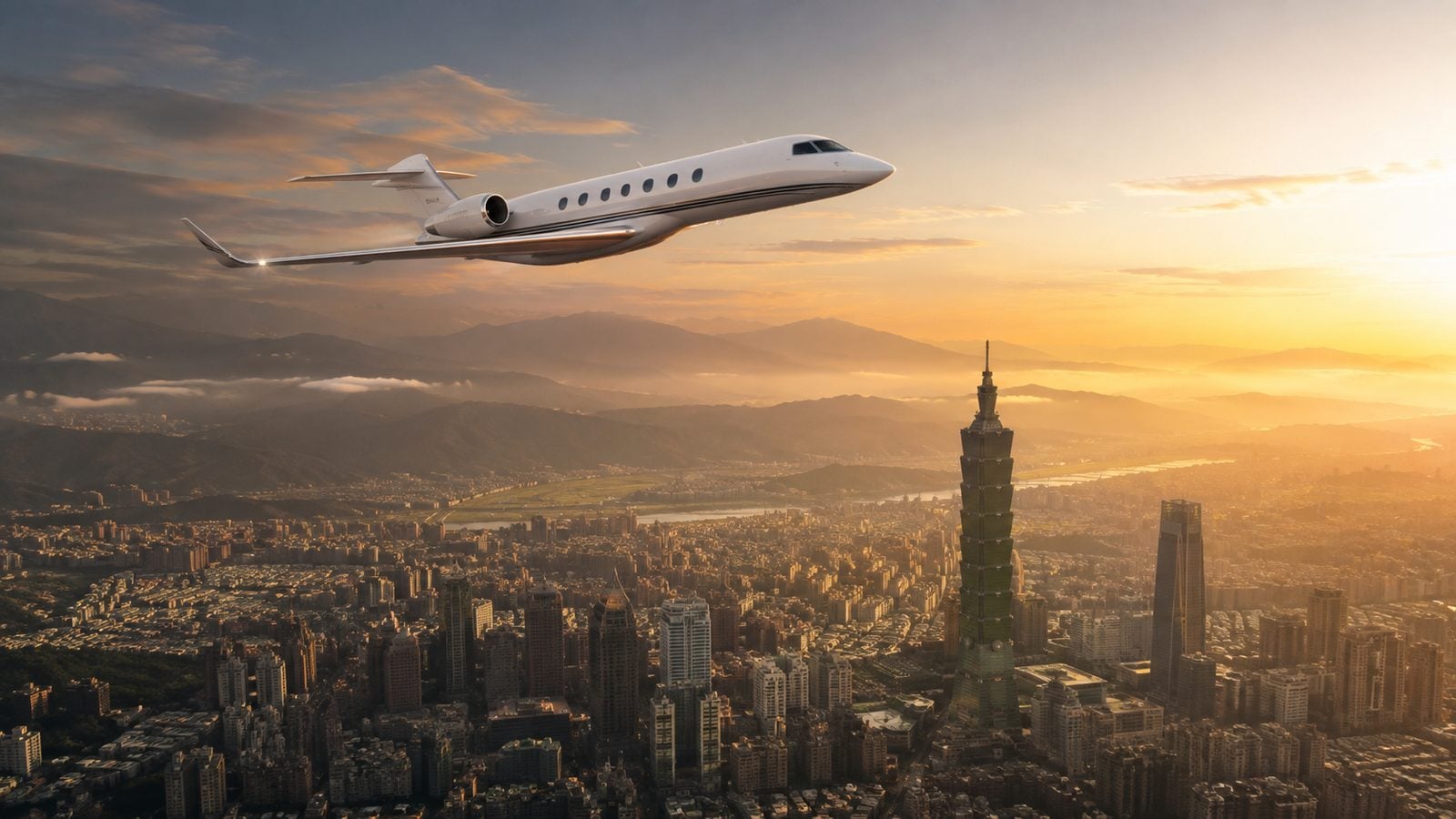 Private jet flying over Taipei and Taipei 101 at sunset — Taiwan private jet charter