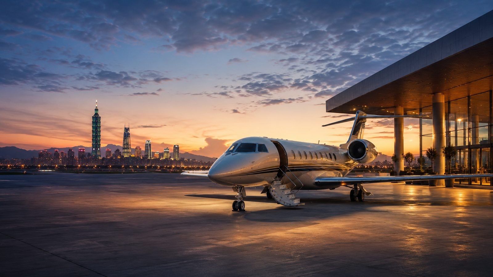 Private jet at a Taipei private terminal at blue hour — Taipei Songshan (TSA) and Taoyuan (TPE)