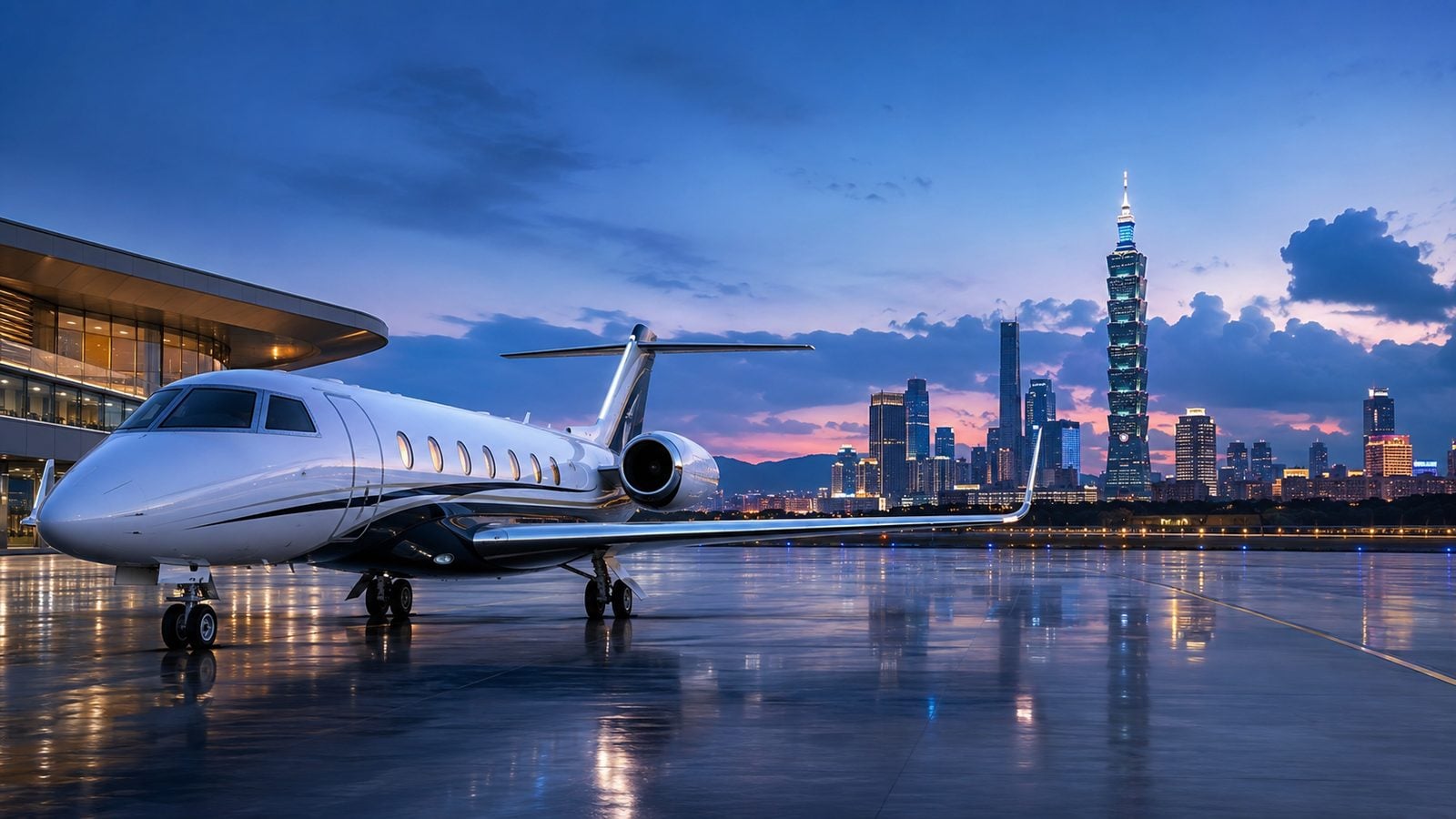 Private jet at Taipei Songshan Airport (TSA) with the Taipei 101 skyline at dusk
