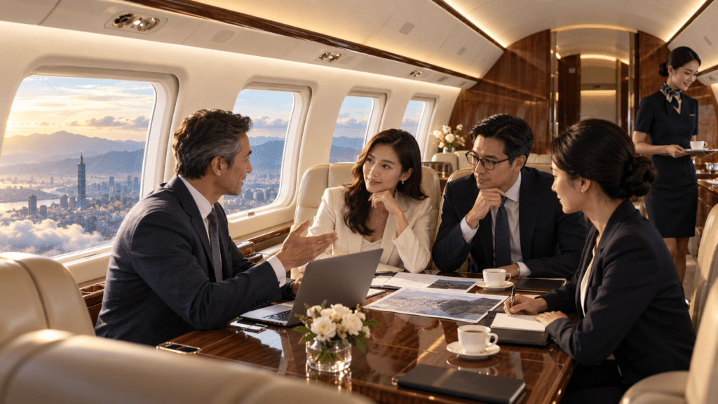 Business executives meeting on board a corporate private jet charter