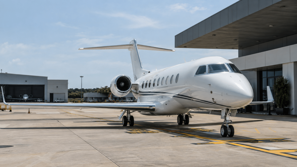 Business jet parked outside a private FBO terminal at an Asian business aviation airport