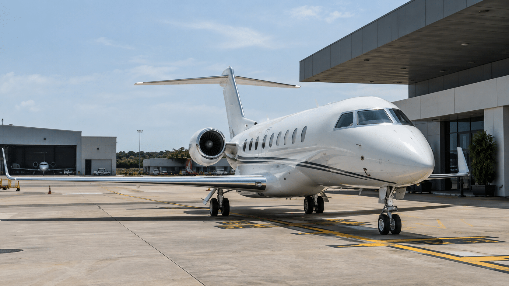Business jet parked outside a private FBO terminal in Asia