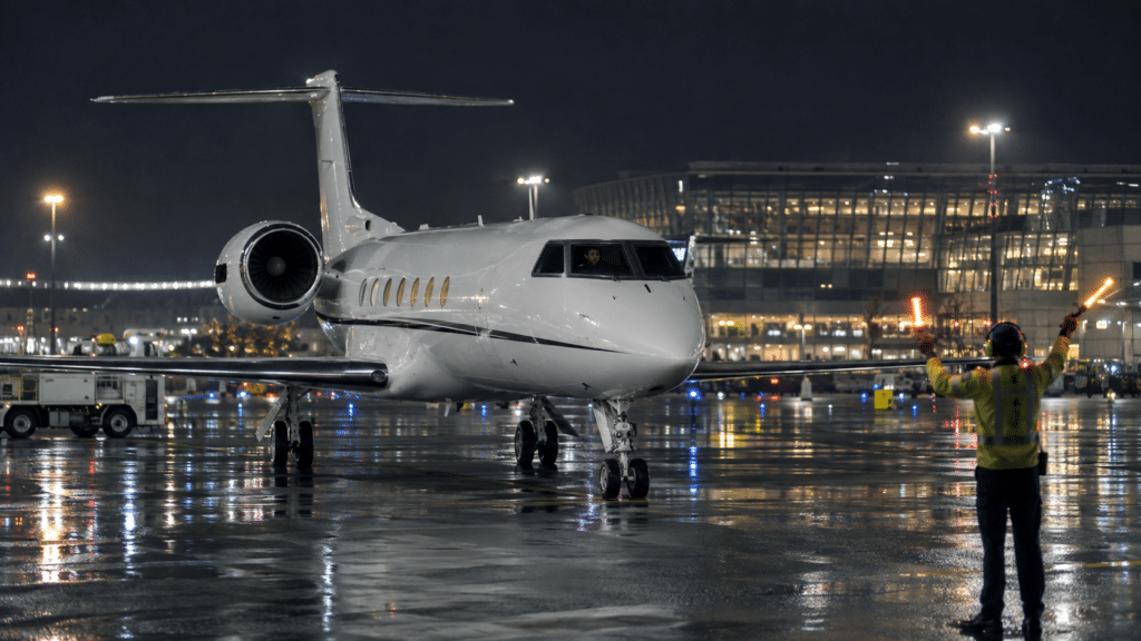 Ground handling marshaller guiding a private jet on a night arrival