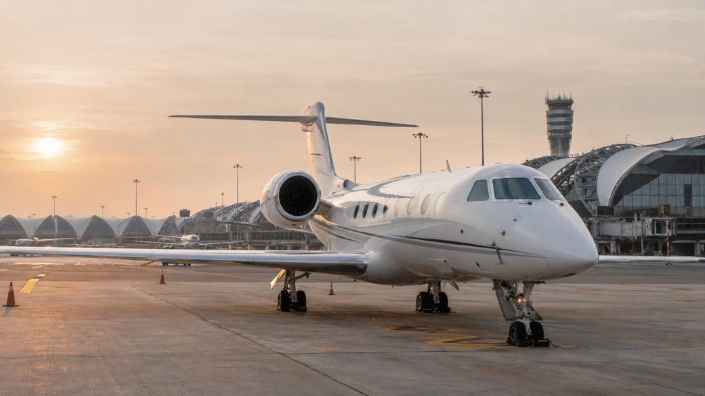 Heavy business jet on the apron at Bangkok Suvarnabhumi Airport at sunset, ready for a private jet charter
