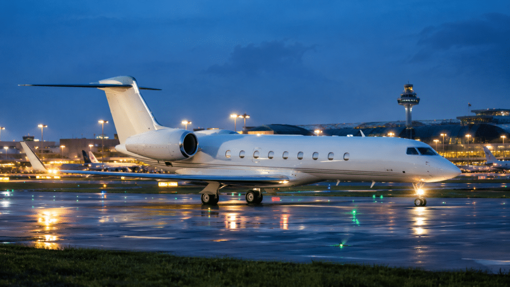 Private jet on the apron at Singapore Changi Airport at dusk