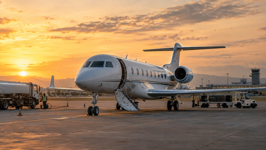 Private jet being refuelled by a ground handling team at an Asian airport