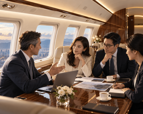 Business executives meeting on board a corporate private jet charter