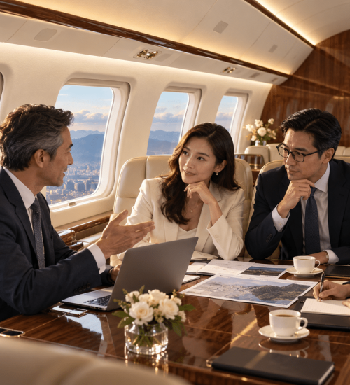 Executives meeting in a private jet cabin, showing how passenger numbers shape the aircraft category and charter cost