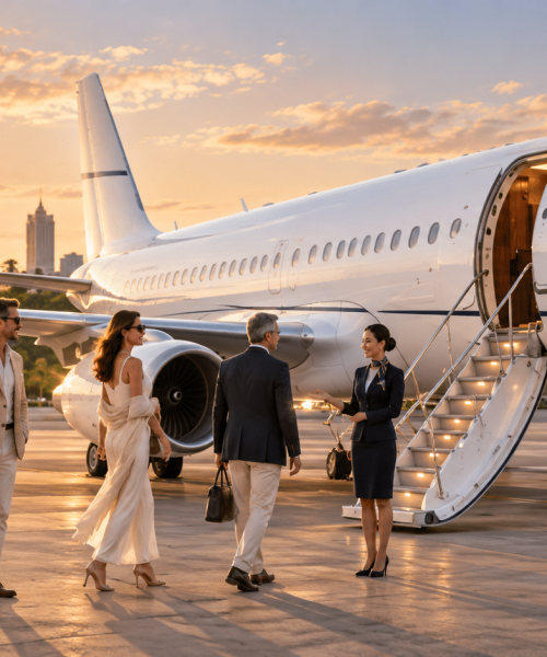 Passengers boarding a VIP-configured airliner for a private charter from Bangkok